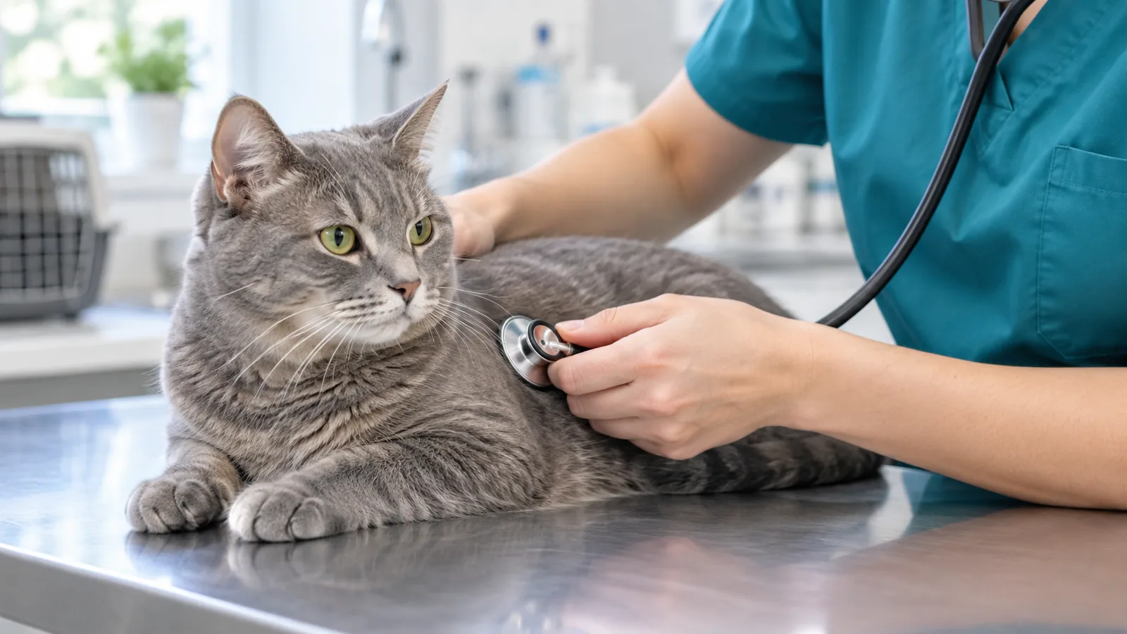 A grey tabby cat resting calmly on the exam table while a vet listens to its heart with a stethoscope
