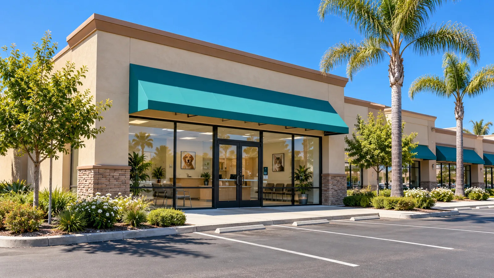 A shopping center storefront with a teal awning, glass doors and palm trees along the parking lot