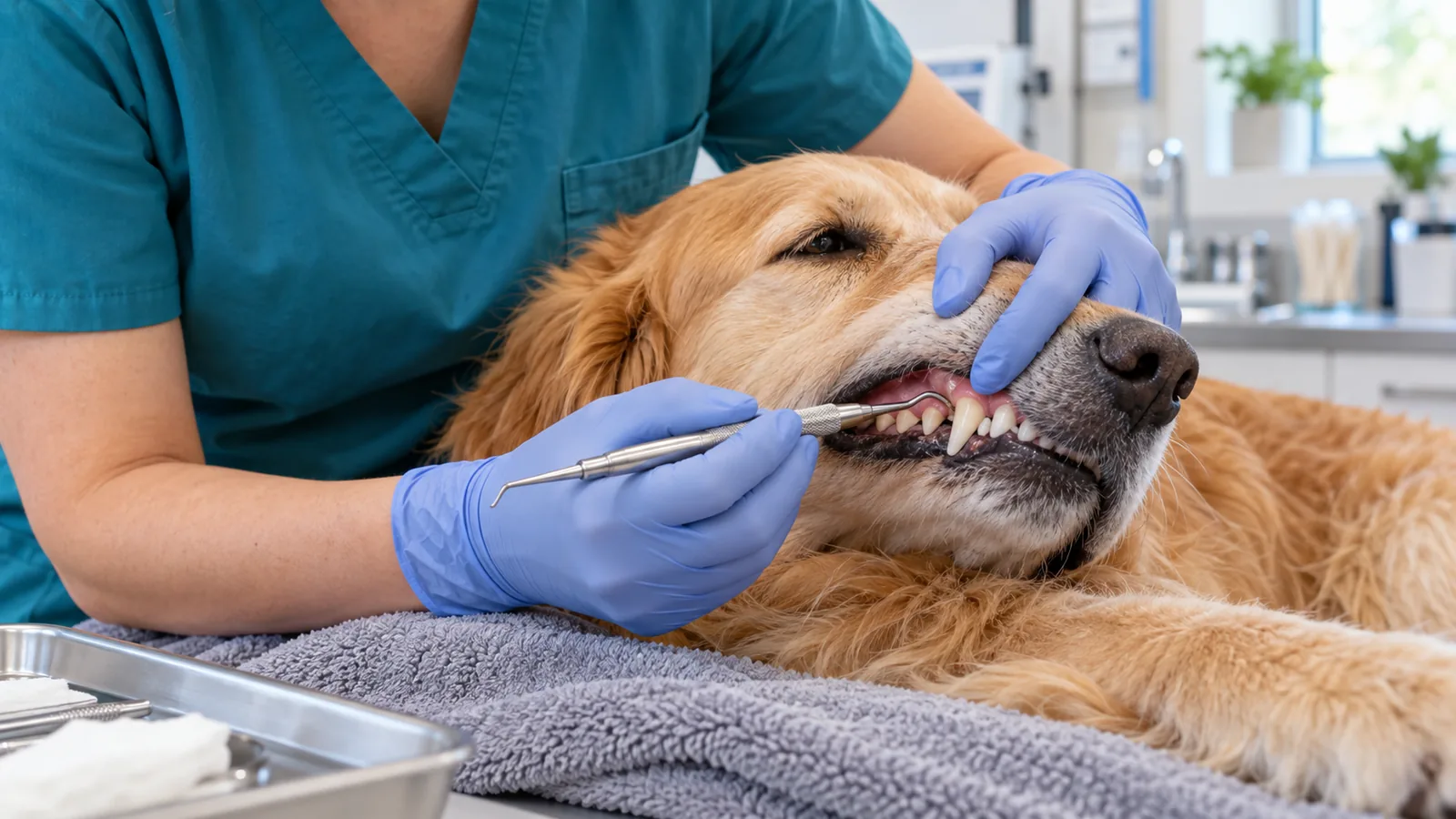 A calm, awake golden retriever lying on a towel while a technician in blue gloves lifts its lip and scales its teeth