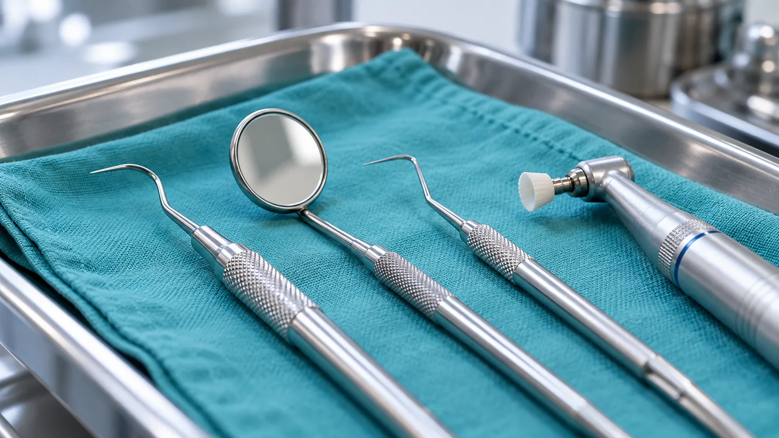 Dental instruments laid out on a teal cloth in a steel tray: two scalers, a mouth mirror and a polishing handpiece