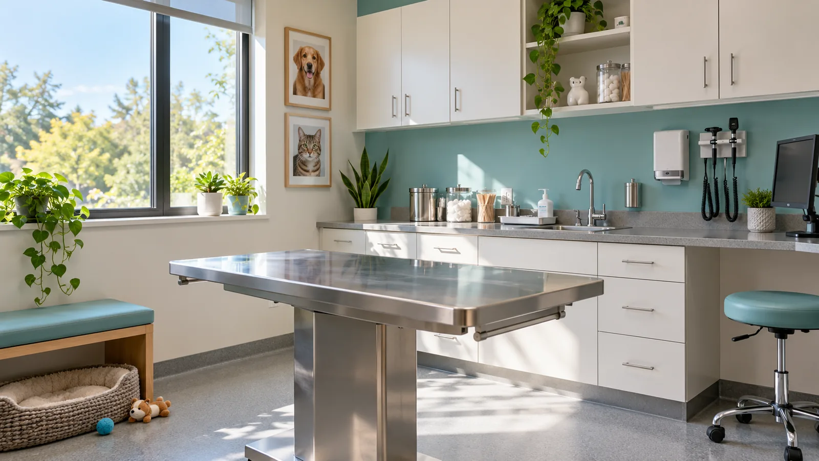 A bright exam room with a steel exam table, a teal wall behind the counter, a window full of trees and a dog bed in the corner