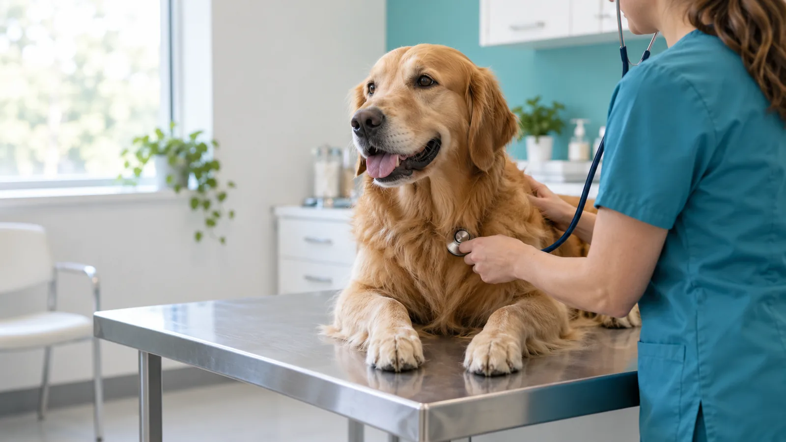 A golden retriever lying on a steel exam table with its mouth open in a relaxed smile, while a vet in teal scrubs listens to its chest
