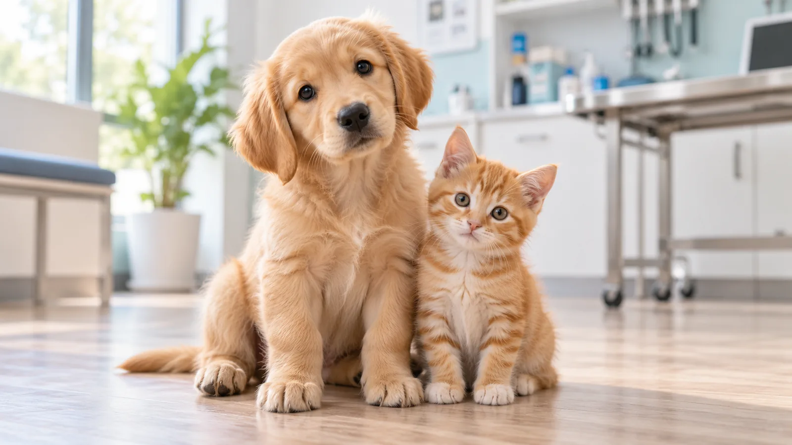 A golden retriever puppy and an orange tabby kitten sitting side by side on an exam room floor, looking up